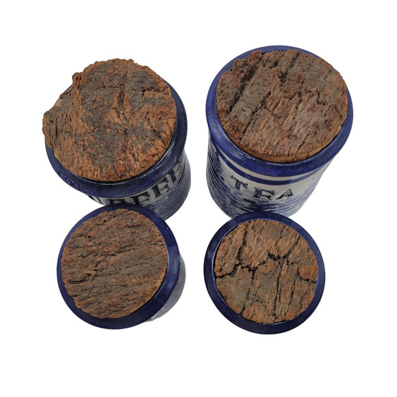 Vintage Set of 4 Blue White Sponge Ware Crock Jars w Cork Lids Signed on Bottom‎ - Picture 4 of 7